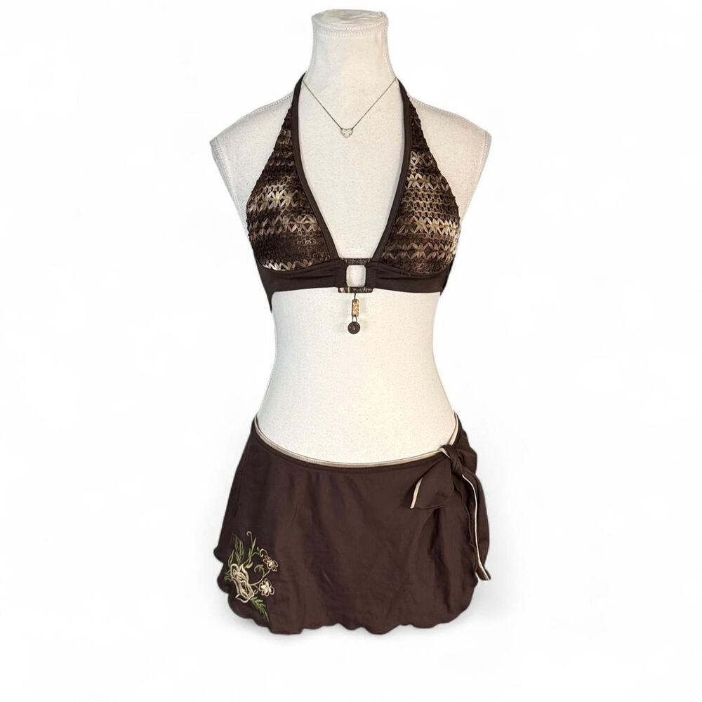 Y2K Tropical Fairy Brown lace bikini set low rise micro skirt size small Mossimo